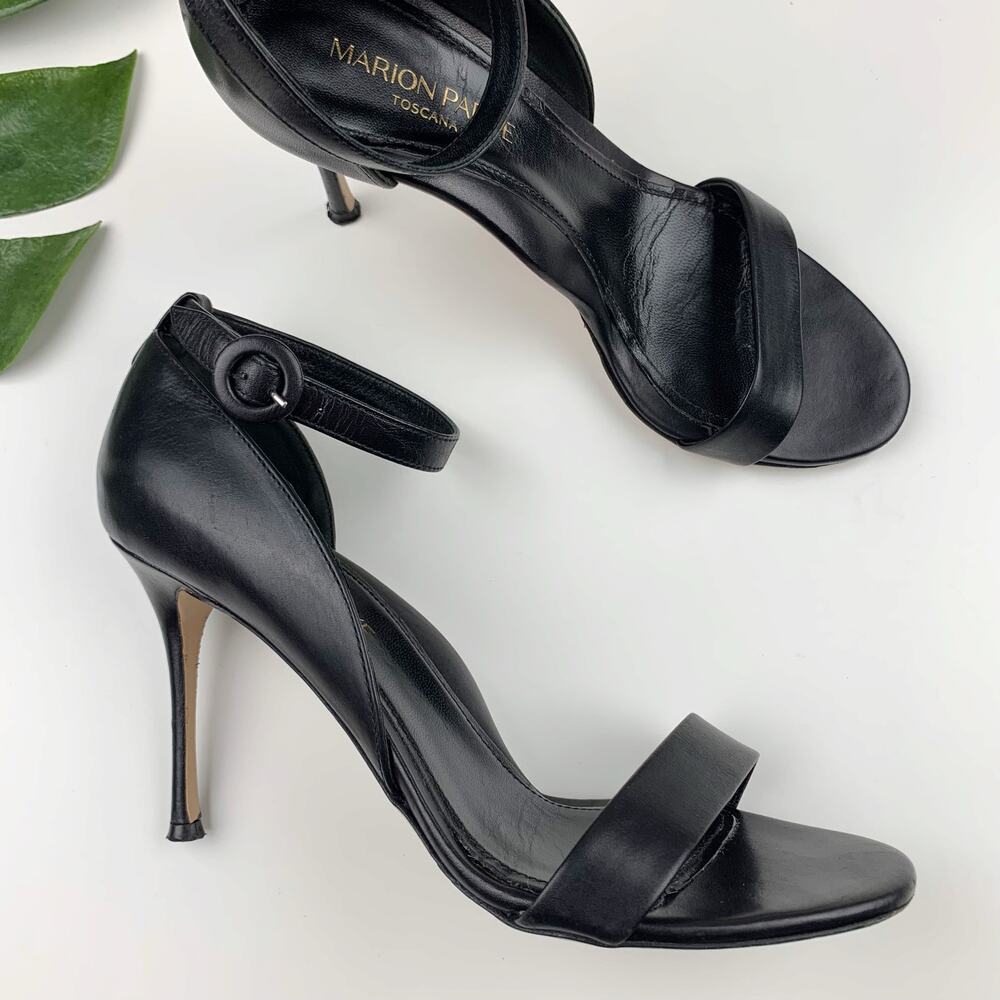Marion Parke Larkspur Heels Sandals Black Leather Ankle Strap Women's 38 US 8